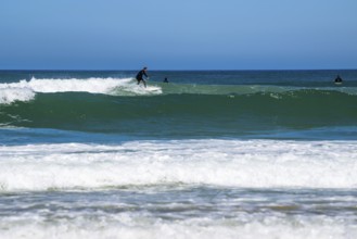 Surfer riding a wave on Contis beach, Saint Julien en Born, Saint-Julien-en-Born, Landes, France