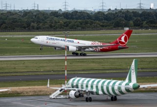 Düsseldorf Airport, Condor Airbus A321-200, aircraft on the apron, Turkish Airlines Airbus A330-200