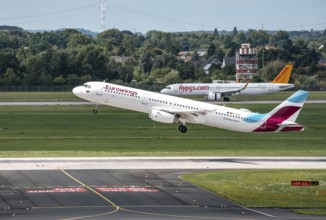 Düsseldorf Airport, Eurowings Airbus A321-231 on take-off, Flypgs.com, Pegasus aircraft after