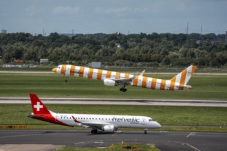 Düsseldorf Airport, Condor Boeing 757-330 on take-off, Helvetic Airways Embraer E190LR on the way