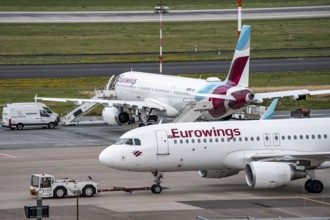 Düsseldorf Airport, Eurowings Airbus aircraft on the apron, North Rhine-Westphalia, Germany