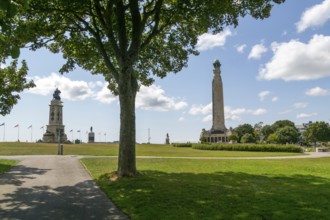 Historic monuments and statues on Plymouth Hoe public park, Plymouth, Devon, England, UK