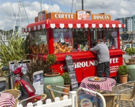 Coffee Donuts red booth cafe, The Barbican, city of Plymouth, Devon, England, UK