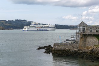 Brittany Ferries ferry ship arriving at city of Plymouth, Devon, England, UK