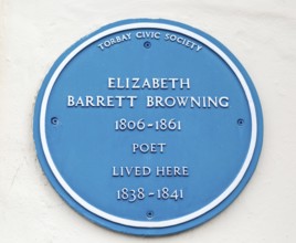 Blue plaque for Elizabeth Barrett Browning poet 1806-1861, Torquay, Devon, England, UK