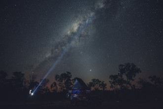 Milky Way in the Australian outback. Camping in a Landrover rooftop tent, Australia