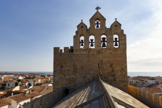 Bell tower of Notre-Dame-de-la-Mer church, panoramic view, view of the town and the sea from the