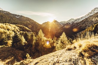 Autumn atmosphere in the Swiss Alps in the Engadine. Photographed from the village of Maloja on the