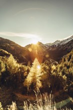 Autumn atmosphere in the Swiss Alps in the Engadine. Photographed from the village of Maloja on the