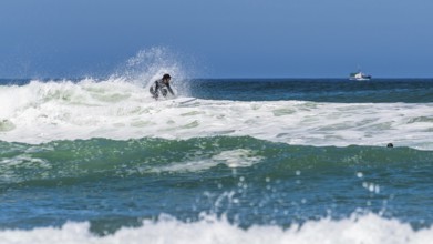 Surfer riding a wave on Contis beach, Saint Julien en Born, Saint-Julien-en-Born, Landes, France
