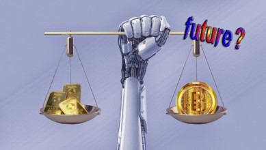 Symbolic image, gold or bitcoin, insecure digital currency, bitcoin, gold as a reserve currency,
