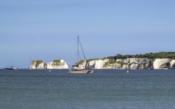 Boats on sea over Knoll Beach Studland, Poole, Dorset, England, United Kingdom