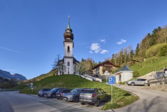 Maria Gern pilgrimage church, church, mountain landscape, hills, mountains, coniferous forest,