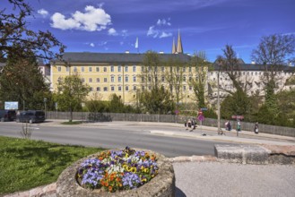 Royal Castle Berchtesgaden, general architecture, trees, lawn, wooden fence, parking strip with
