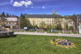Royal Castle Berchtesgaden, general architecture, benches, lantern, lawn, trees, wooden fence,
