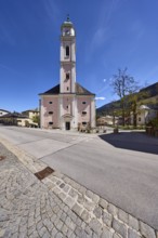 St. Andreas, church, street, asphalt, trees, general architecture, sidelight, blue sky,