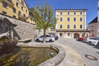 Town hall, fountain at the town hall square, quarry stone wall, car park, vehicles, tree, square,