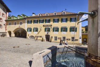 Market fountain, Gasthof Neuhaus, stone fountain, historical buildings, pedestrian zone, square,
