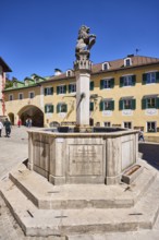 Market fountain, fountain, pedestrian zone, historical buildings, square, passage arch, pedestrian