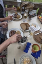Food in a pub in Middle Franconia, sausages with sauerkraut and bread, Middle Franconia, Bavaria,