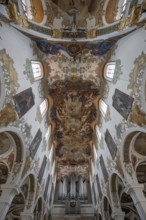 Interior with organ loft, ceiling frescoes in the nave from 1746, St Martinus and Maria Church,