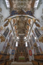 Interior and chancel, ceiling frescoes in the nave from 1746, St Martinus and Maria Church, 14th