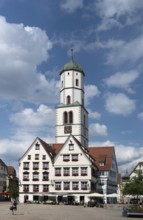 Gabled houses with a view of the tower of St Martin's Church, market square, Biberach,