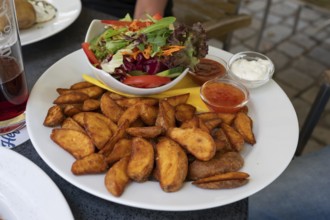 Potato wedges, with salad and dips, Bavaria, Germany