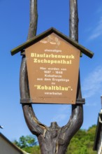 Signpost to the Zschopenthal blue colour factory, Grünhainichen, Erzgebirge, Saxony, Germany