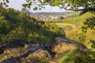 Viewpoint Teufelsnase with view over the Zschopau valley with aqueduct and town view of Zschopau,