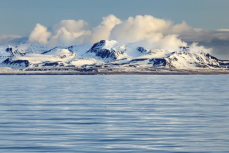 Mountain range, snow, sea, Spitsbergen, Svalbard
