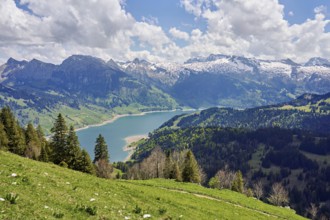 View of the snow-covered Alps and Lake Wägital, Canton Schwyz, Switzerland