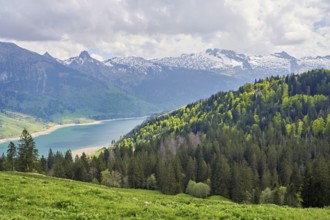 View of the snow-covered Alps and Lake Wägital, Canton Schwyz, Switzerland