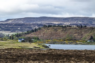 Farms over Loch Harport, Drynoch, Isle of Skye, Scotland, UK
