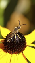 Yellow-banded furrow bee (Halictus scabiosae), on yellow coneflower (Echinacea paradoxa), macro