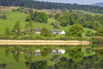 Farms over Esthwaite Water, Lake District National Park, Cumbria, England, United Kingdom