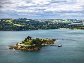 Drake's Island in Plymouth from drone, Mount Batten Tower, Devon, England, United Kingdom