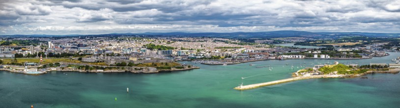 Panorama of of Plymouth from drone, Mount Batten Tower, Devon, England, United Kingdom