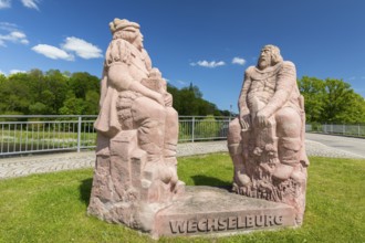 Group of porphyry figures on the bridgehead over the Zwickauer Mulde on the history of Wechselburg,