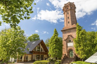 Restaurant and observation tower Friedrich-August-Turm made of porphyry on the Rochlitzer Berg,