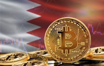 Bitcoin with Bahrain flag in the background. Investors in cryptocurrency and Blockchain Technology