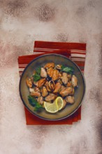 Mussels no shell, boiled, mussels, peeled, in a bowl, with lemon and parsley, Chilean mussels, top