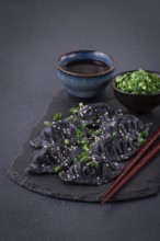 Japanese gyoza dumplings, made of black dough, black gyoza, with green onions and sauce, on a