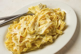Fettuccine, tagliatelle, in creamy garlic sauce, Italian traditional cuisine, pasta carbonaro