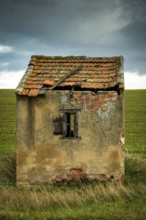 A small, dilapidated hut with a broken roof and cracked walls sits alone in a vast green field.
