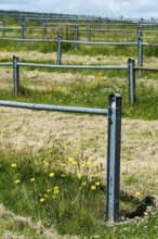 This rural landscape showcases a large open field bordered by blue metal fencing. Puy de Dome,
