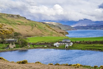 Farms over Loch Harport, Drynoch, Isle of Skye, Scotland, UK