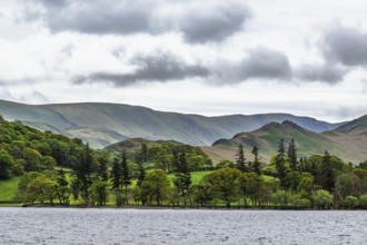Farms and Mountains over Ullswater Lake, Lake District National Park, Cumbria, England, United
