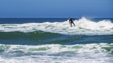 Surfer riding a wave on Contis beach, Saint Julien en Born, Saint-Julien-en-Born, Landes, France