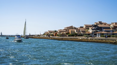 Boats on canal in Capbreton, Landes, Nouvelle-Aquitaine, France
